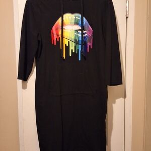 Black Hoodie Dress with Rainbow Lips Graphic